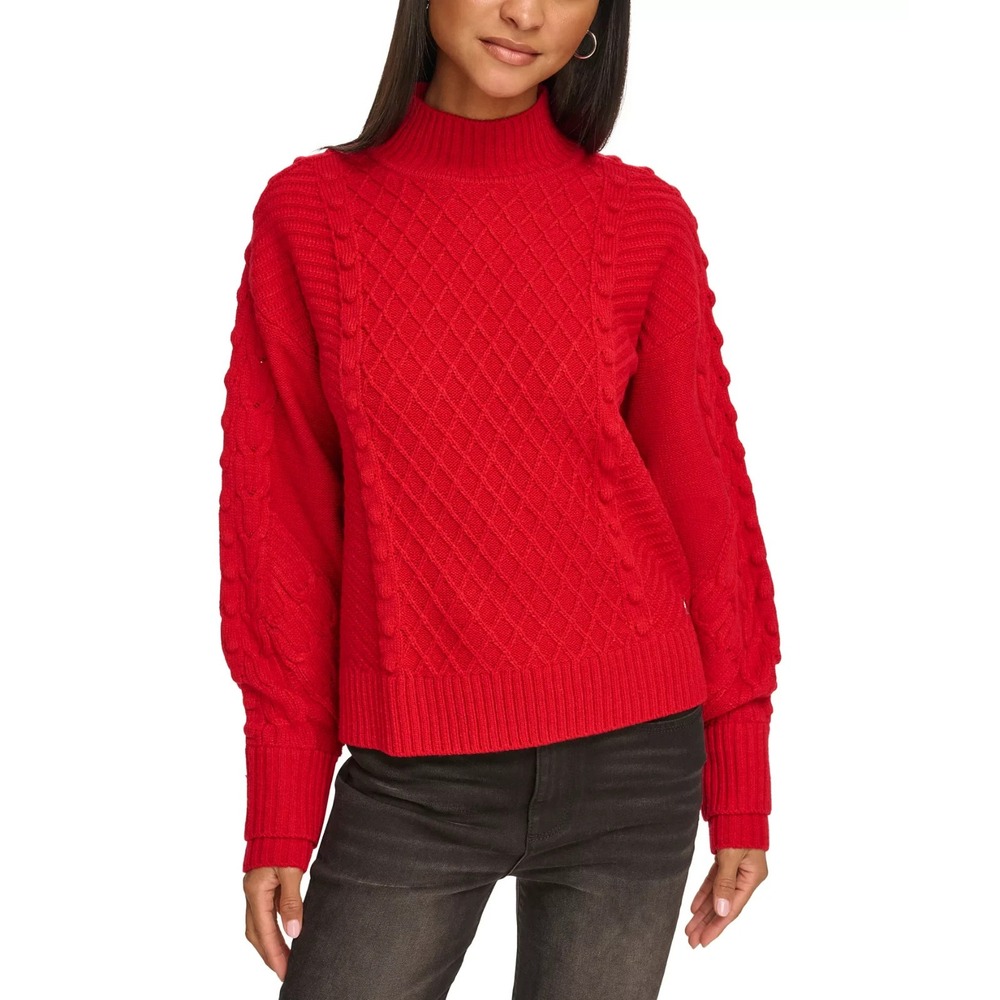 KARL LAGERFELD PARIS Women's Cable Knit Mock‎ Neck Sweater Red Size XL